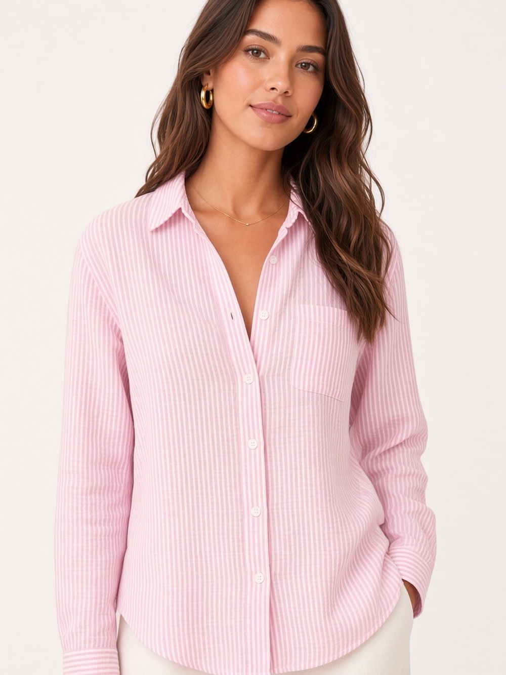 beachlunchlounge Pink Striped gauzy Button-Down Shirt